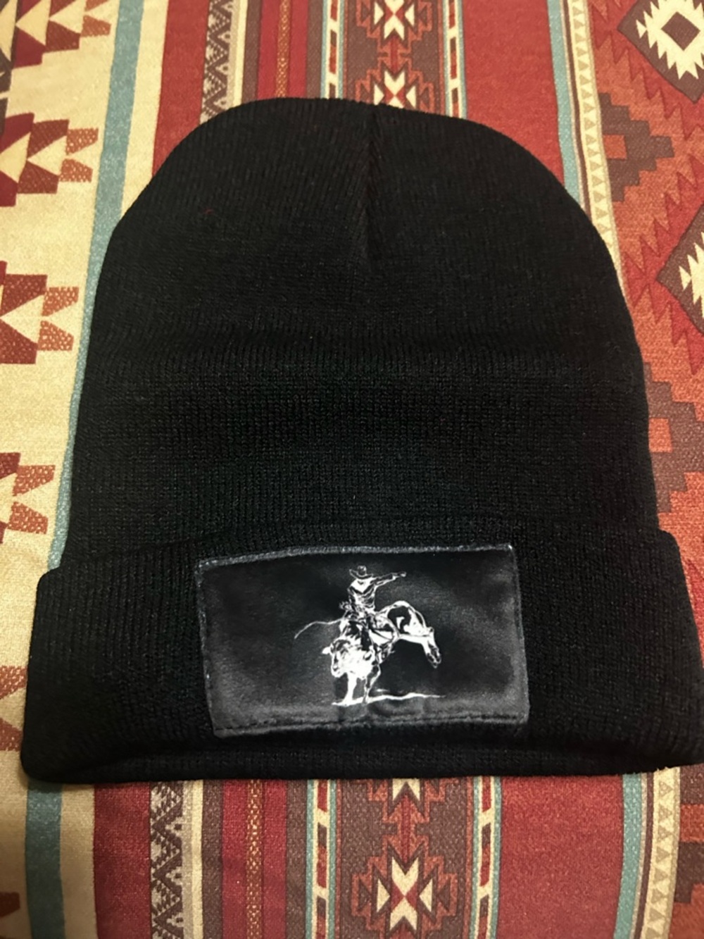 Black Knit Beanie with Bullrider Patch